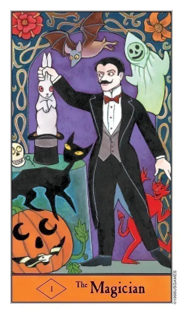 Halloween-themed tarot card featuring a magician with a black cat, bat, and pumpkin.