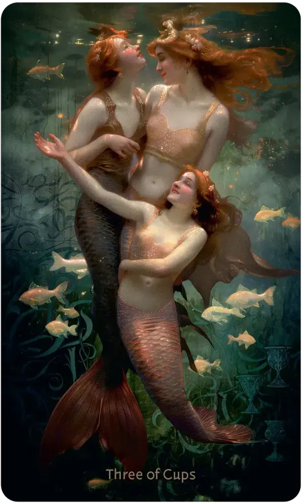 Three mermaids underwater with fish, tarot card style illustration.
