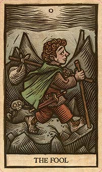 Woodcut-style illustration of 'The Fool' from a tarot card, featuring a Bagans with a staff and bag in a natural setting.