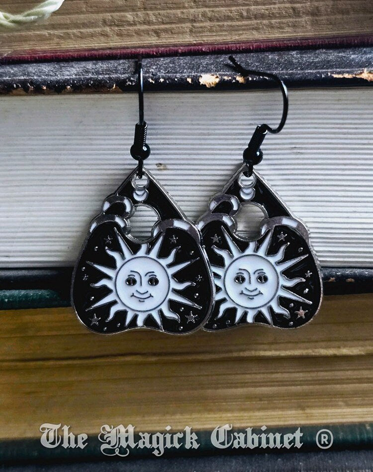 Planchette Sun & Moon Earrings: Boho Witch Enamel Jewelry