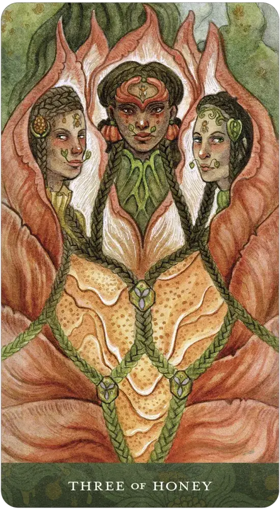 Card featuring three stylized women with intricate designs, labeled 'Three of Honey'.