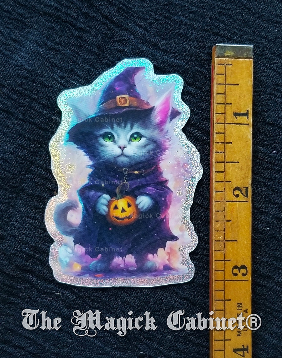 Holographic Witch Cat Sticker: Pixie Dust Familiar, Samhain Art