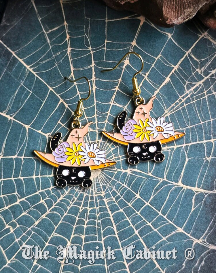 Black Cat Enamel Earrings: Witchy Halloween Jewelry