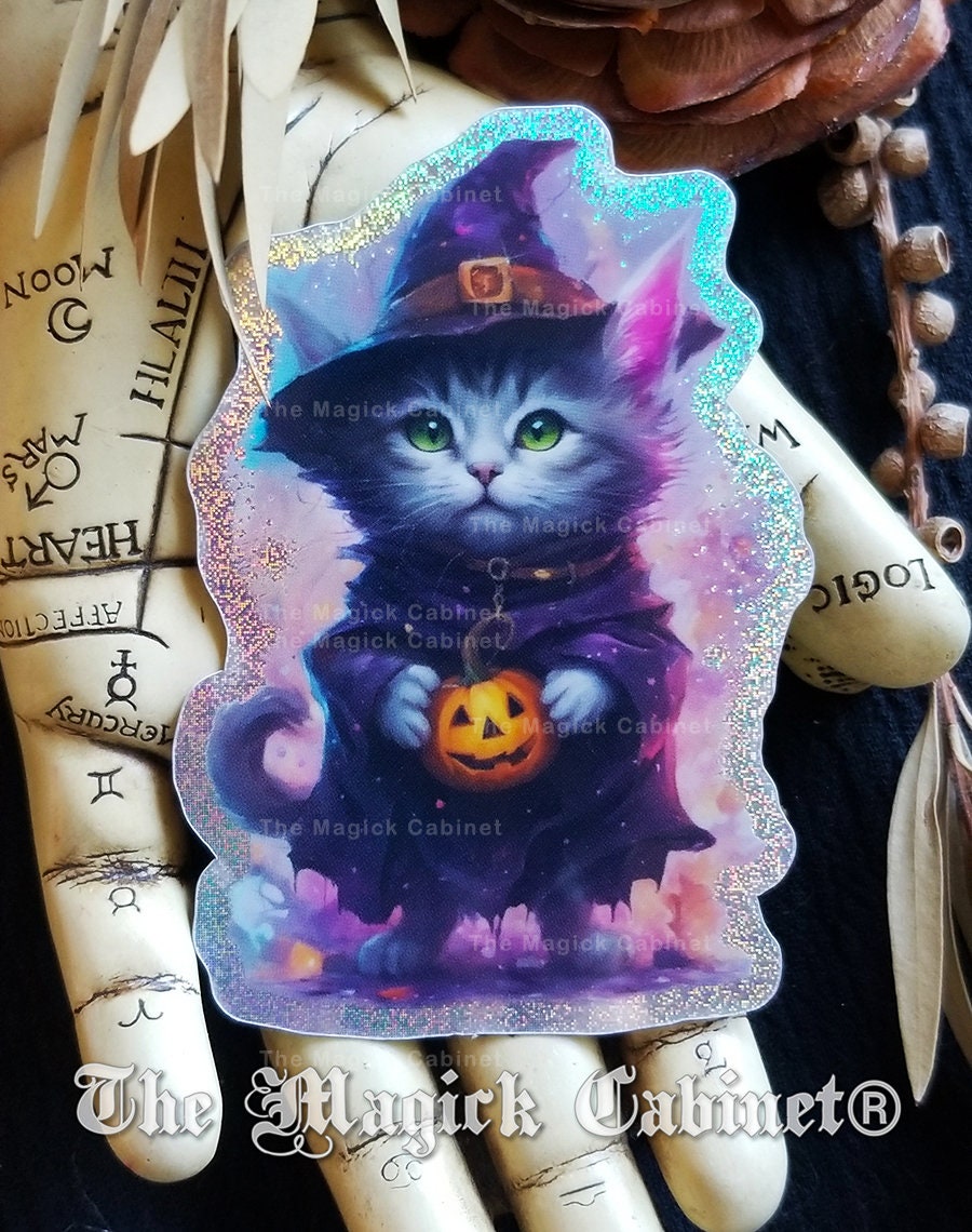 Holographic Witch Cat Sticker: Pixie Dust Familiar, Samhain Art