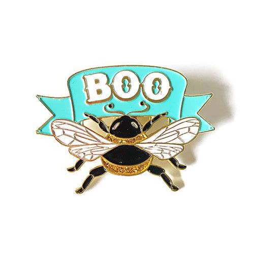 Pin with a bee design and 'BOO' text on a blue banner against a white background
