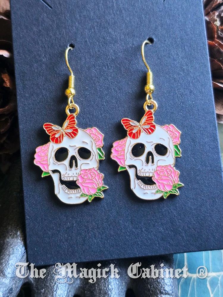 Enamel Skull Earrings with Butterflies Mushrooms and Flowers: Gothic Halloween Jewelry