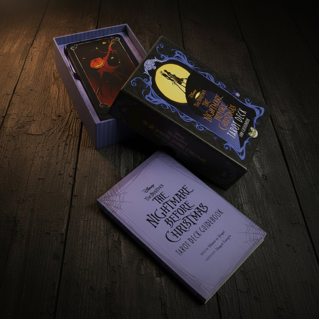 Tarot cards with 'The Nightmare Before Christmas' theme, including a box and guidebook laying on a wooden table.