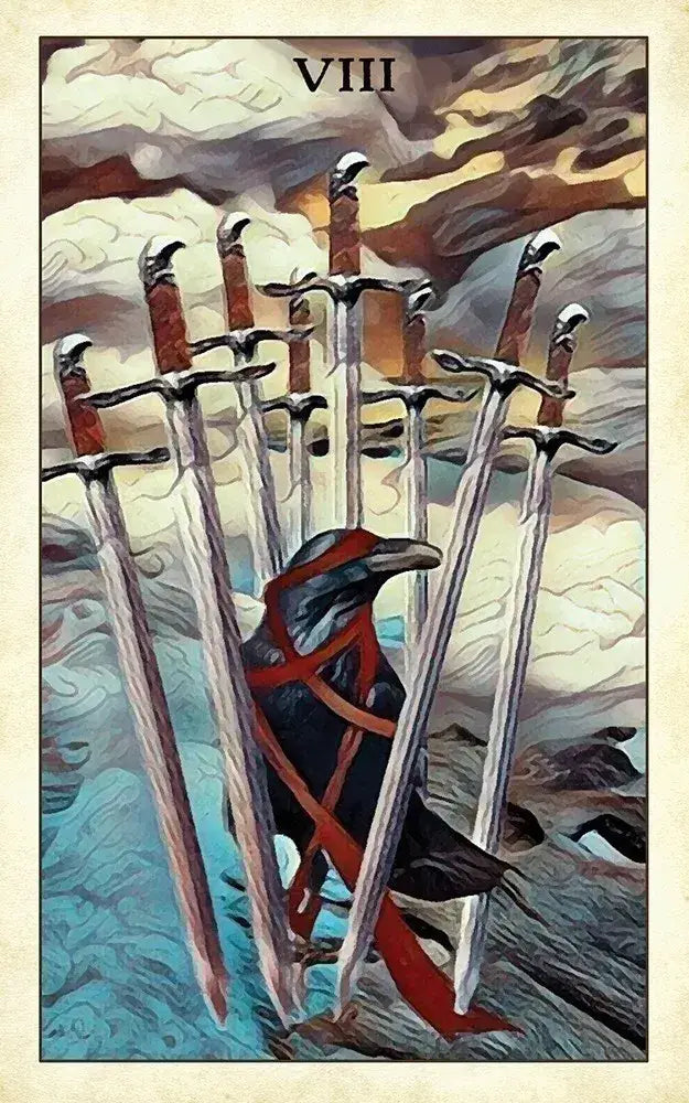 Tarot card with a crow and swords against a textured background