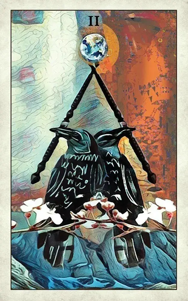 Artistic depiction of a black bird with a staff and flowers, resembling a tarot card design.