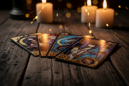 Tarot cards on a wooden surface with candles in the background