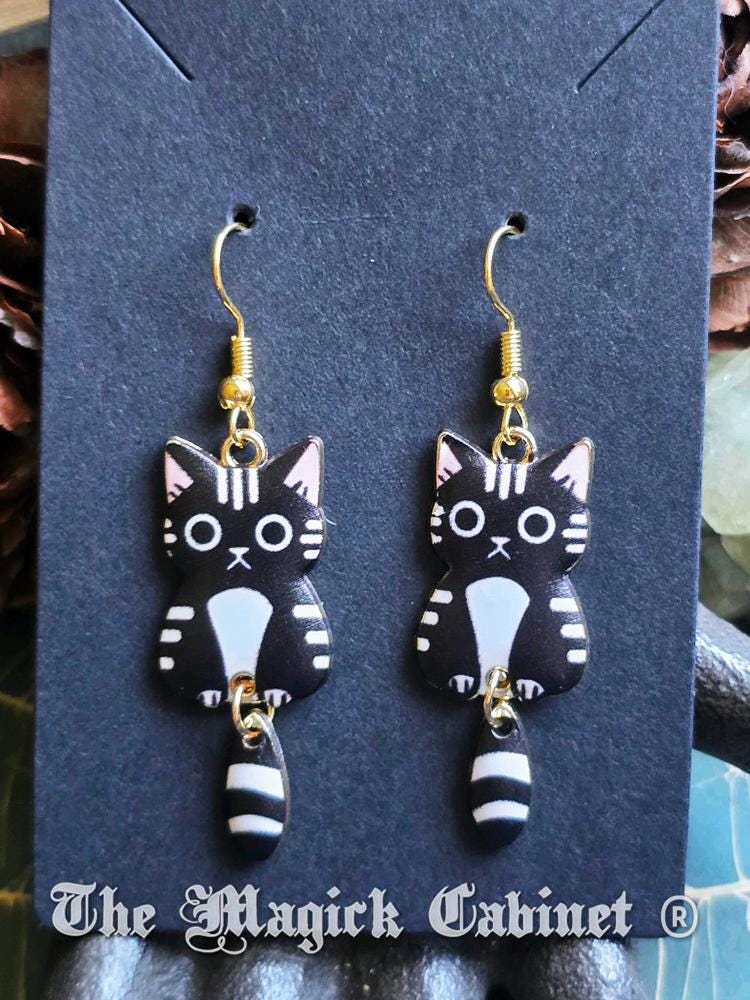 Swinging Cat Tail Earrings: Enamel Kitten Charms, Gold Tone Ear Wire