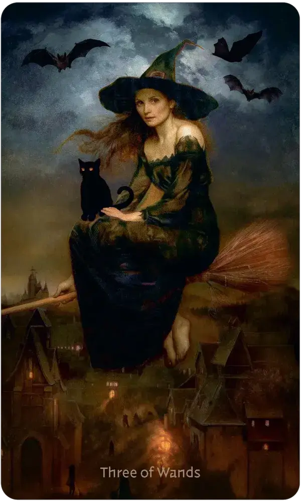 Witch with a black cat on a broomstick against a dark sky with bats and a town below.