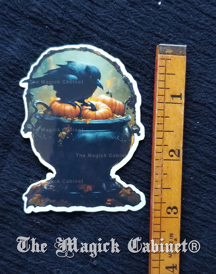 Cauldron Crow Halloween Sticker: Crow & Pumpkins Vinyl Decal