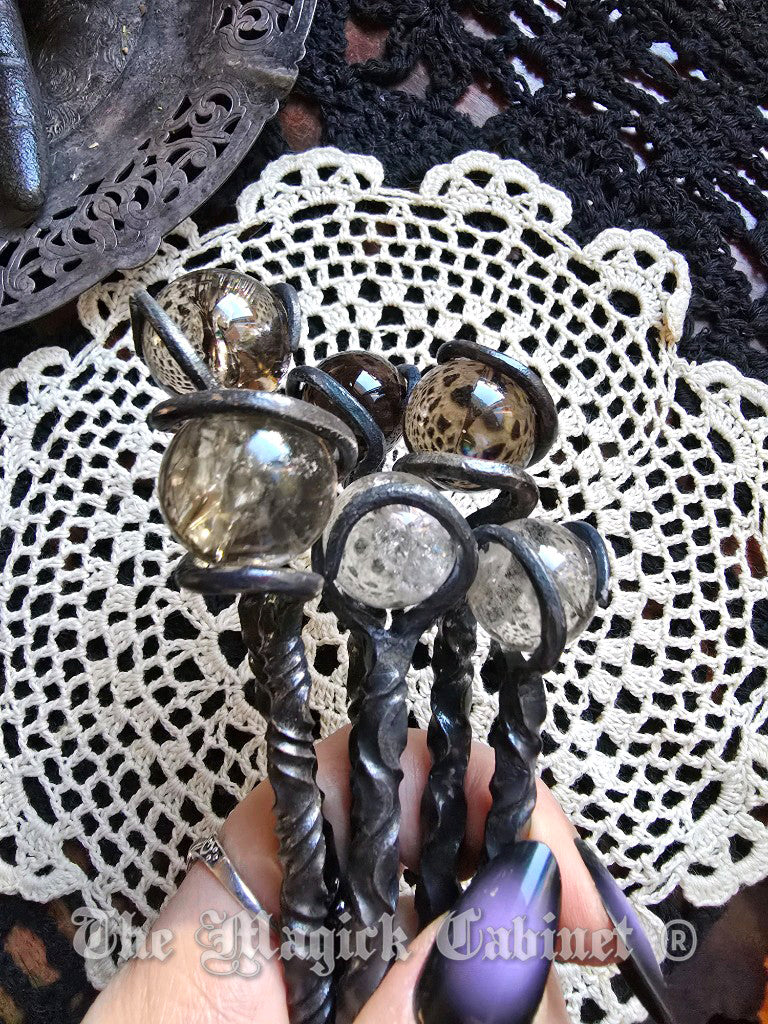 Twisted Hand Forged Iron Candle Scribe with Rainbow Smokey Quartz Crystal