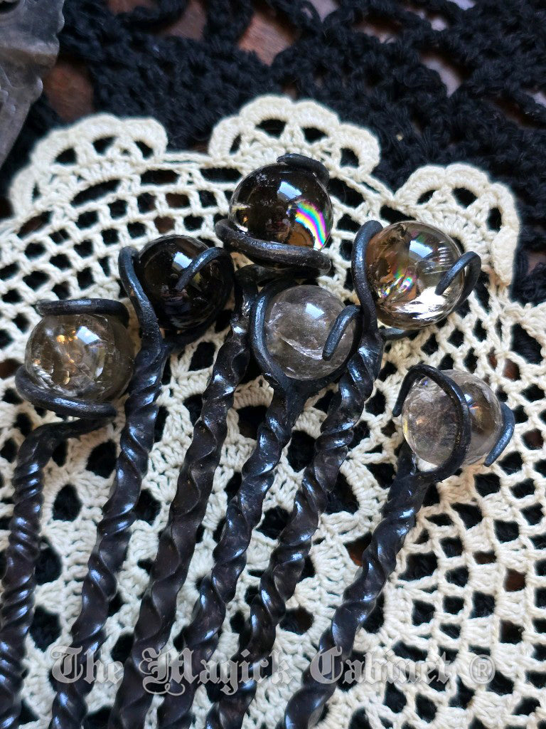 Twisted Hand Forged Iron Candle Scribe with Rainbow Smokey Quartz Crystal