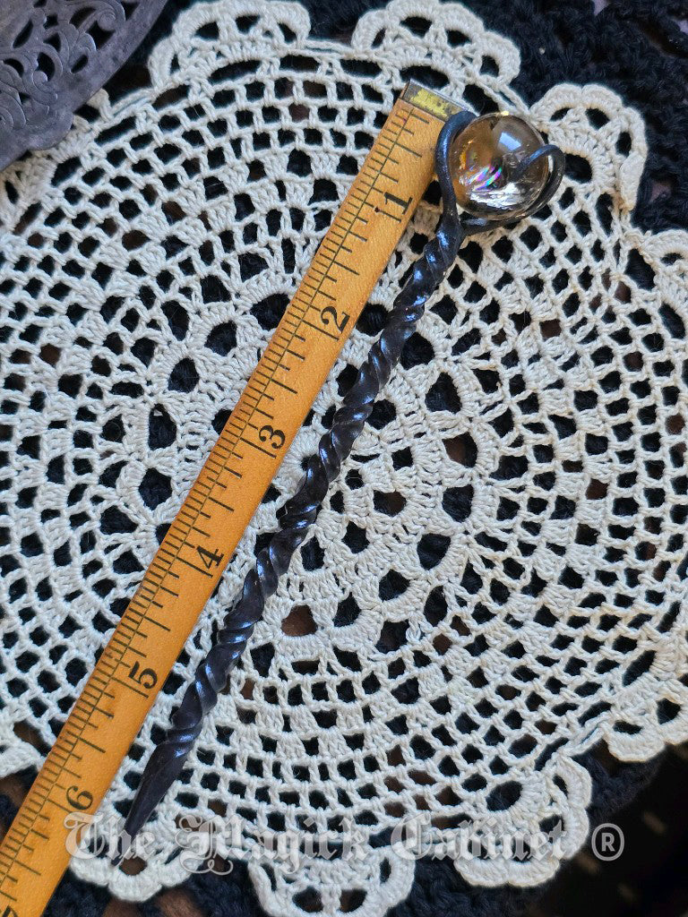 Twisted Hand Forged Iron Candle Scribe with Rainbow Smokey Quartz Crystal