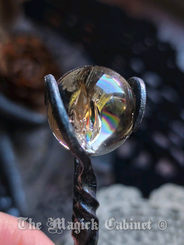 Twisted Hand Forged Iron Candle Scribe with Rainbow Smokey Quartz Crystal