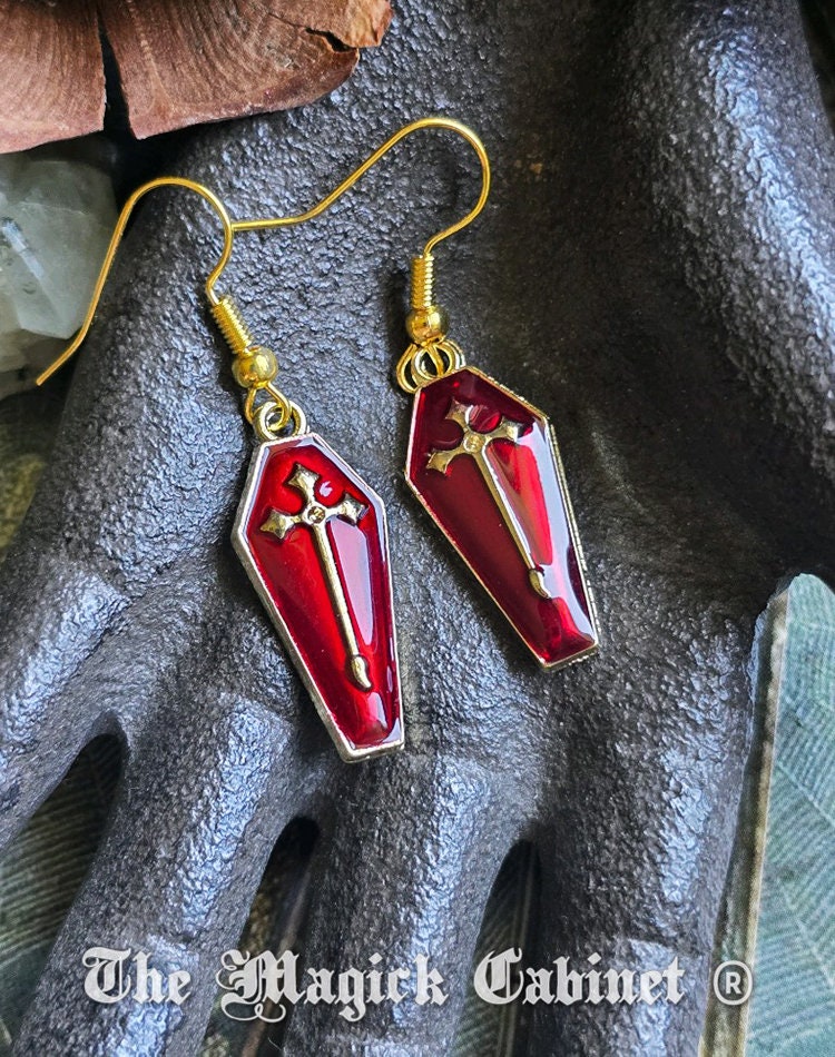 Vampire Coffin Earrings: Enamel Halloween Costume Jewelry