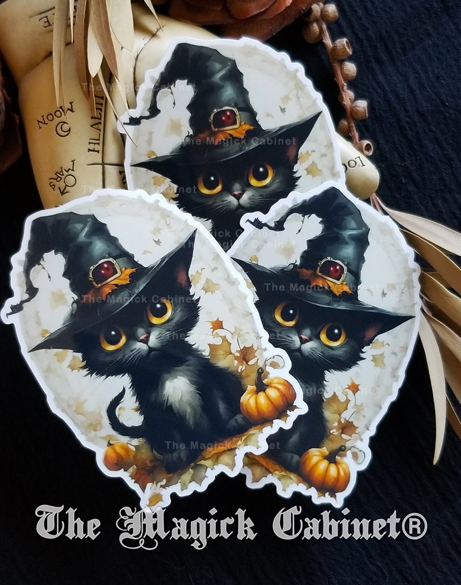 Black Cat Witch Vinyl Sticker: Halloween Samhain Art