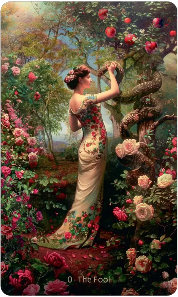 Woman in a garden with roses and a snake, inspired by classical art
