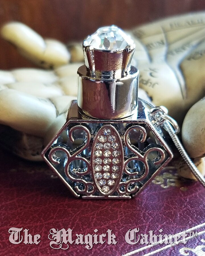 Crown Perfume Bottle Necklace: Silver Crystal Witch Spell Bottle, Gift Set