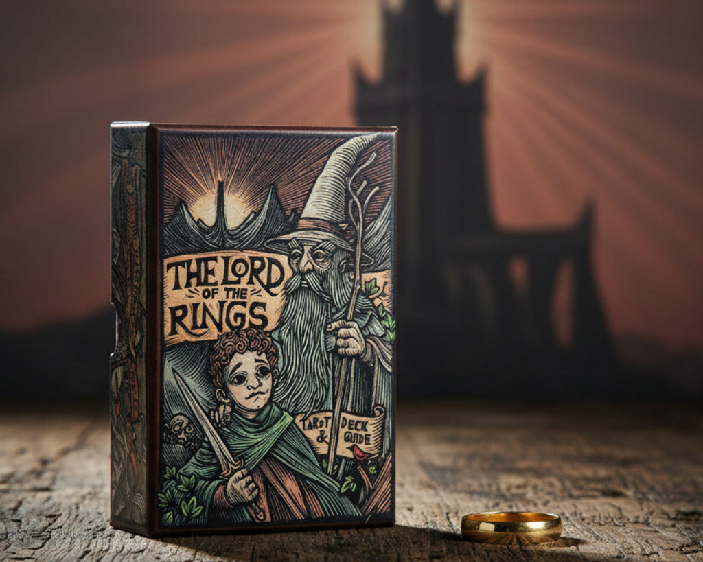 Card game box for 'The Lord of the Rings' with illustrations of characters and text.