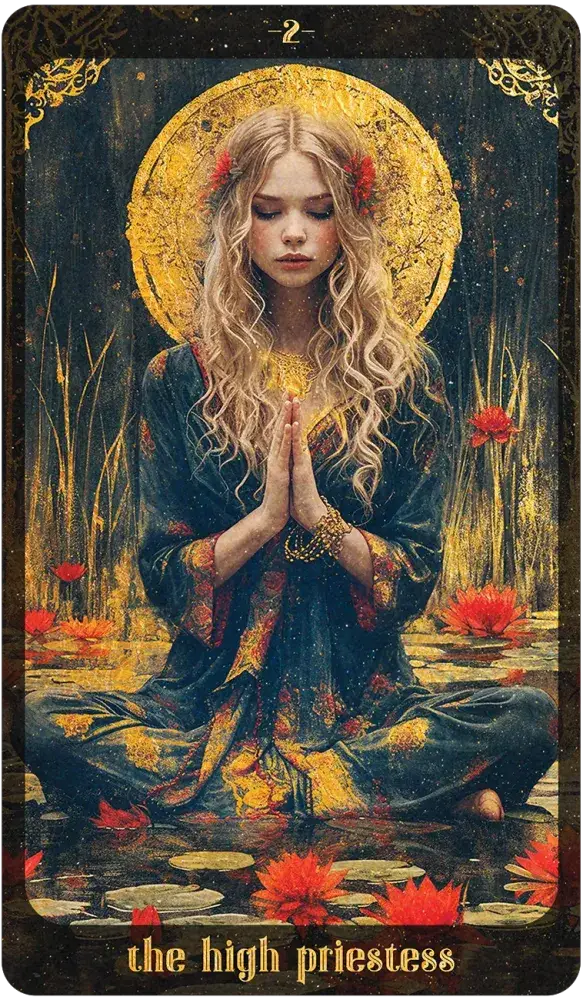 Tarot card featuring a woman with a golden halo sitting by water lilies, labeled 'The High Priestess'.