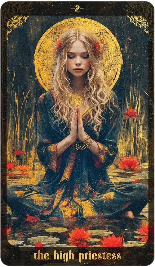 Tarot card featuring a woman with a golden halo sitting by water lilies, labeled 'The High Priestess'.
