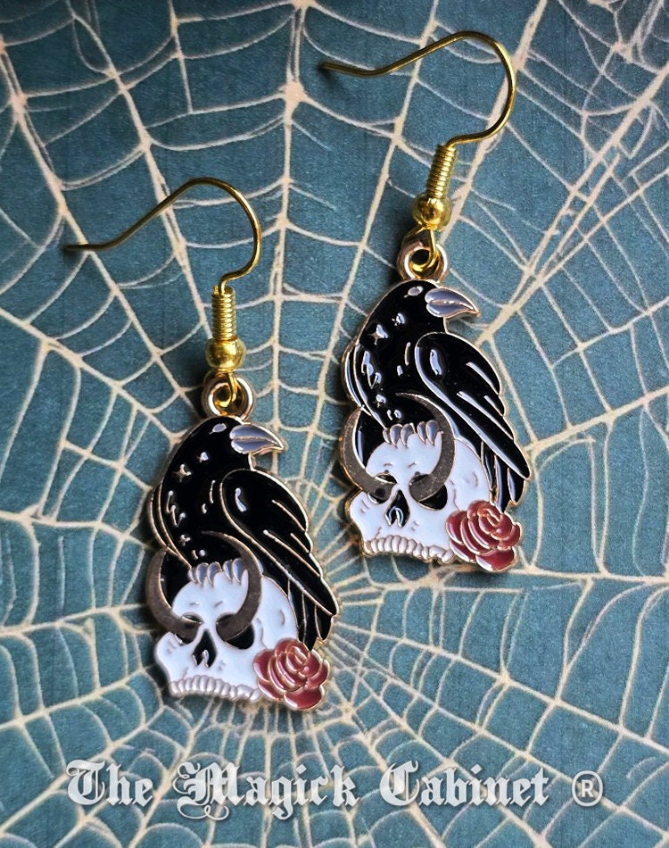 Enamel Raven Earrings: Goth Halloween Crow Jewelry