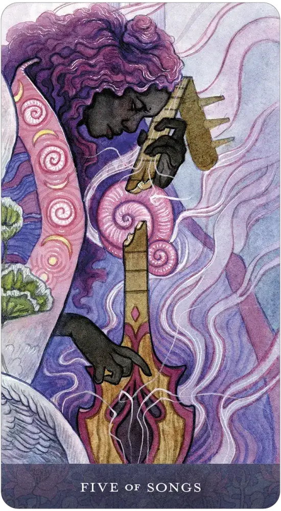 Card from a tarot deck with a stylized illustration of a person playing an instrument, surrounded by abstract designs.