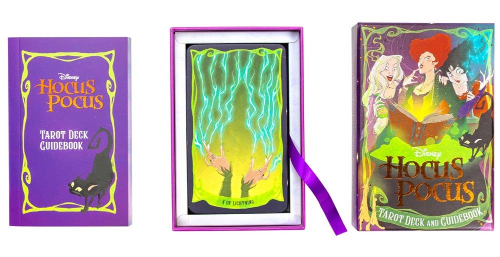 Hocus Pocus tarot deck with guidebook and card on a white background