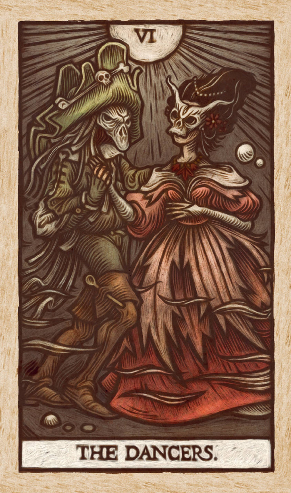 Tarot card titled 'The Dancers' with two figures in elaborate costumes against a starry night sky.