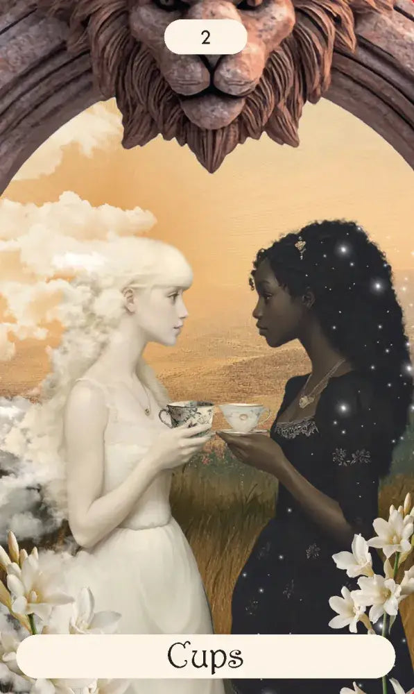 Two women holding cups under a lion's head with a celestial background, labeled 'Cups'.