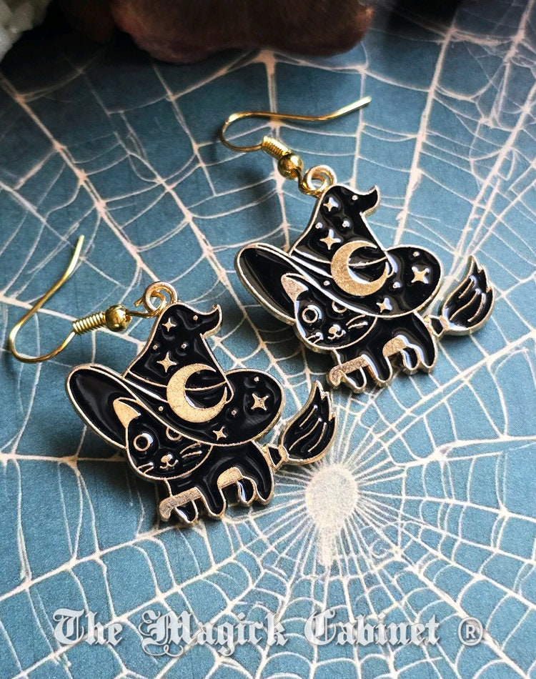 Enamel Black Cat Earrings: Witchy Halloween Jewelry
