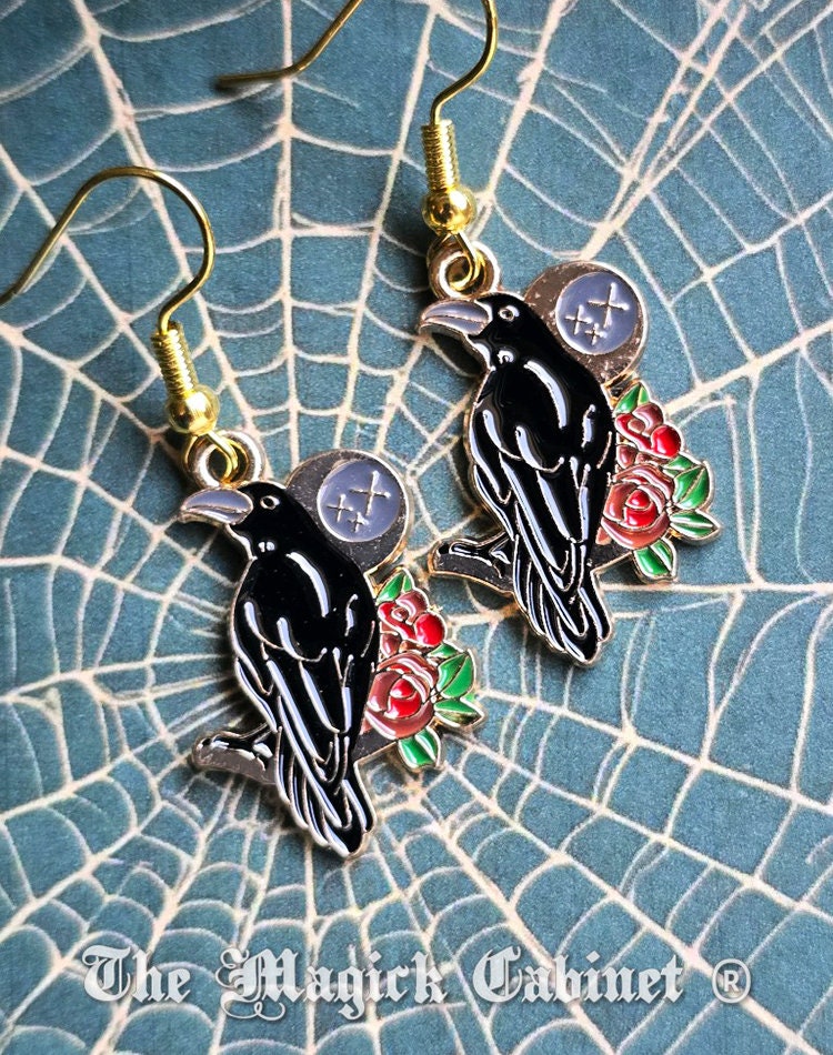 Enamel Raven Earrings: Goth Halloween Crow Jewelry