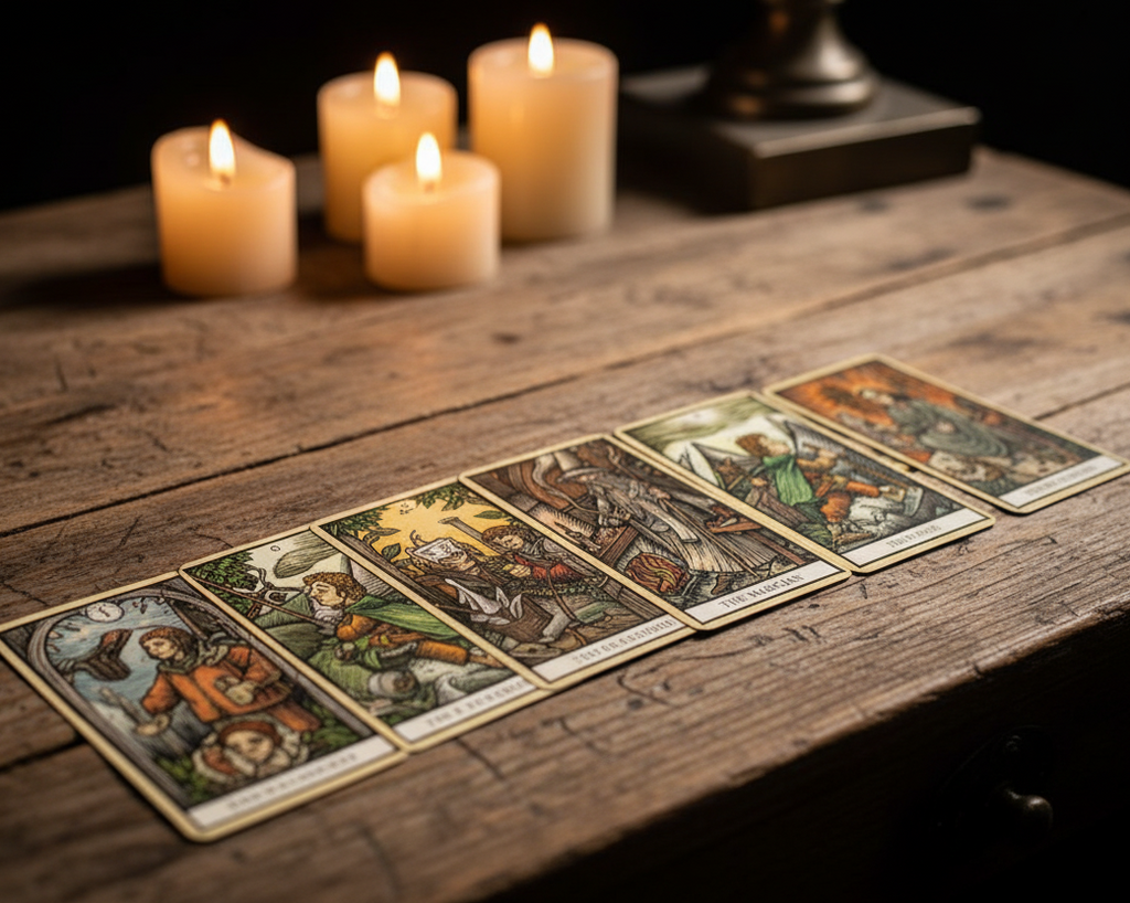 Tarot cards on a wooden table with lit candles in the background