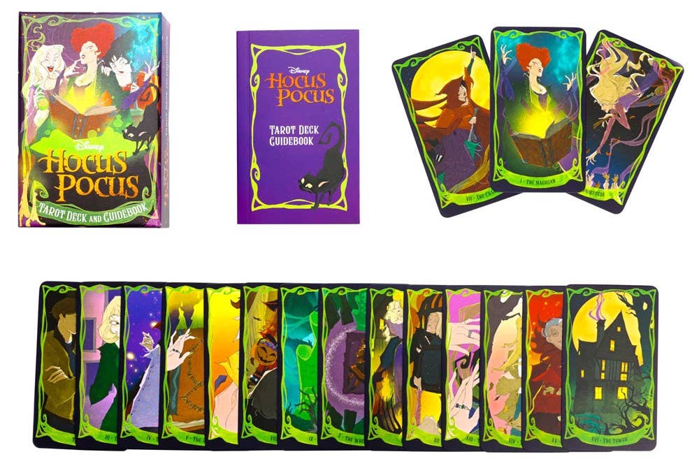 Hocus Pocus tarot deck with colorful cards and a purple book.