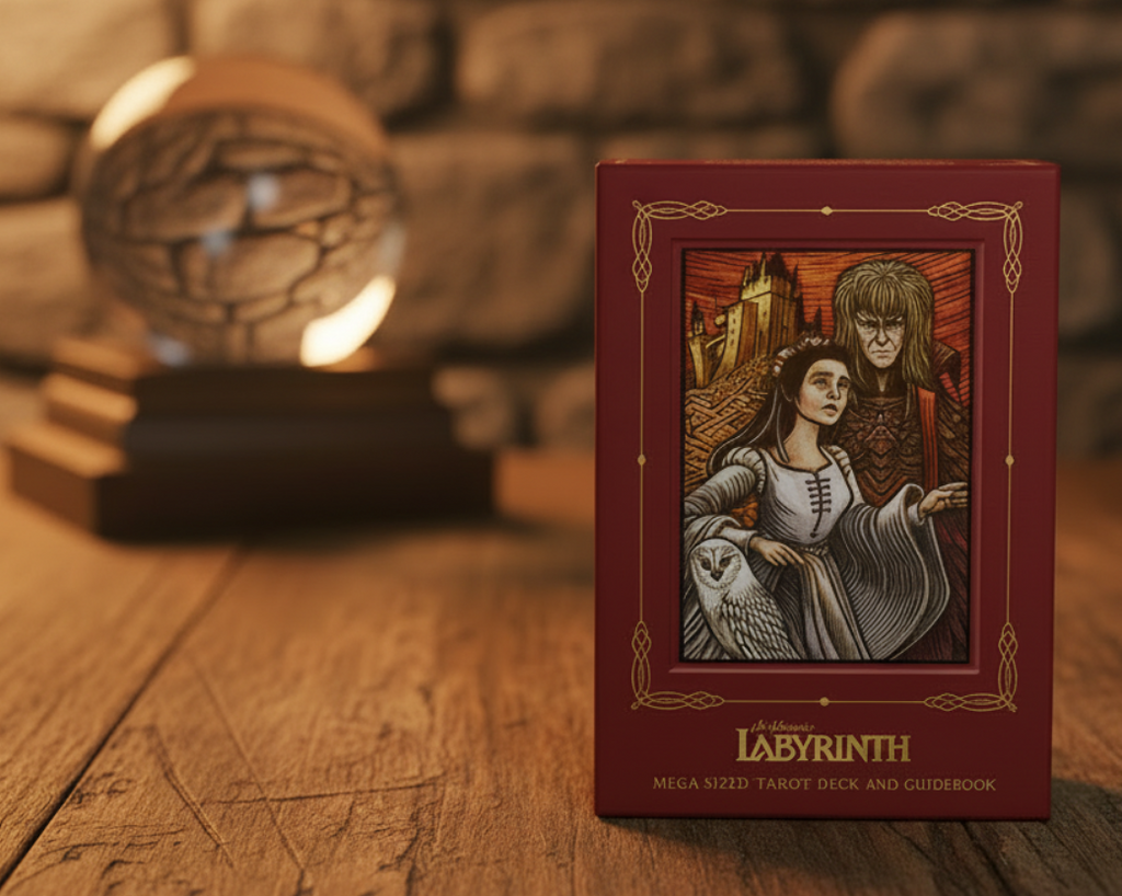 Labyrinth board game set with box, cards, and stand on a white background