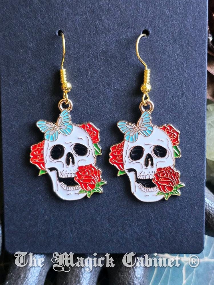 Enamel Skull Earrings with Butterflies Mushrooms and Flowers: Gothic Halloween Jewelry