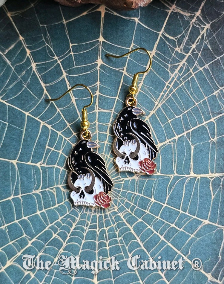 Enamel Raven Earrings: Goth Halloween Crow Jewelry