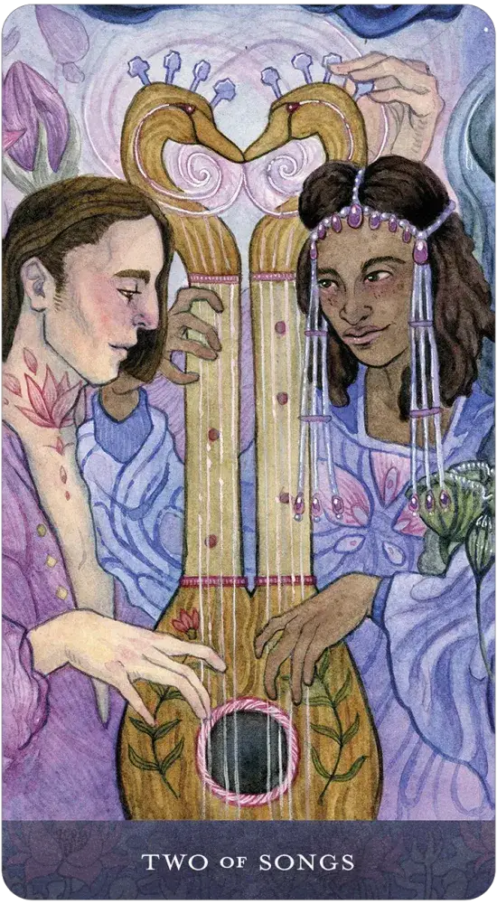 Two people holding a lyre with decorative elements on a tarot card.
