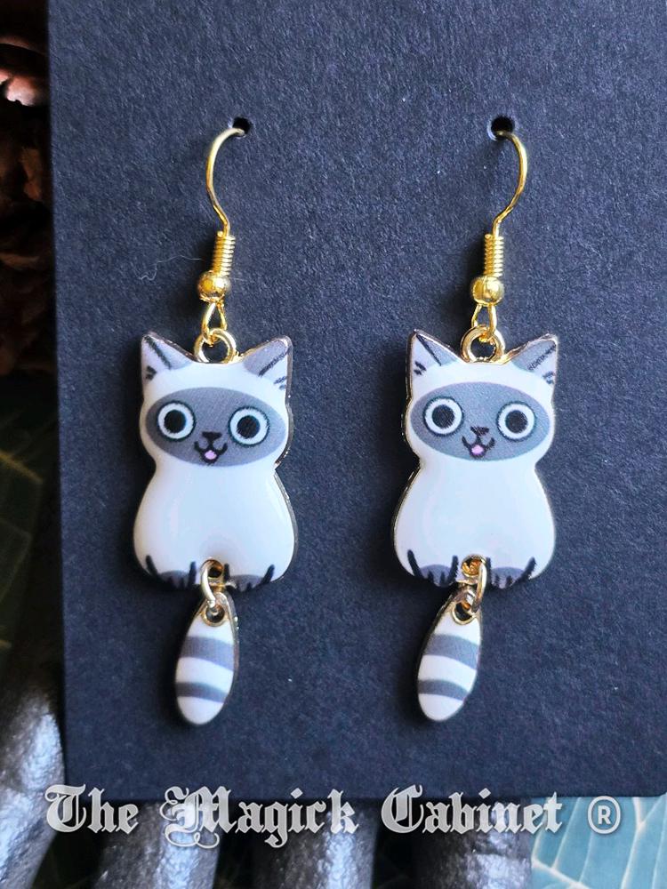Swinging Cat Tail Earrings: Enamel Kitten Charms, Gold Tone Ear Wire
