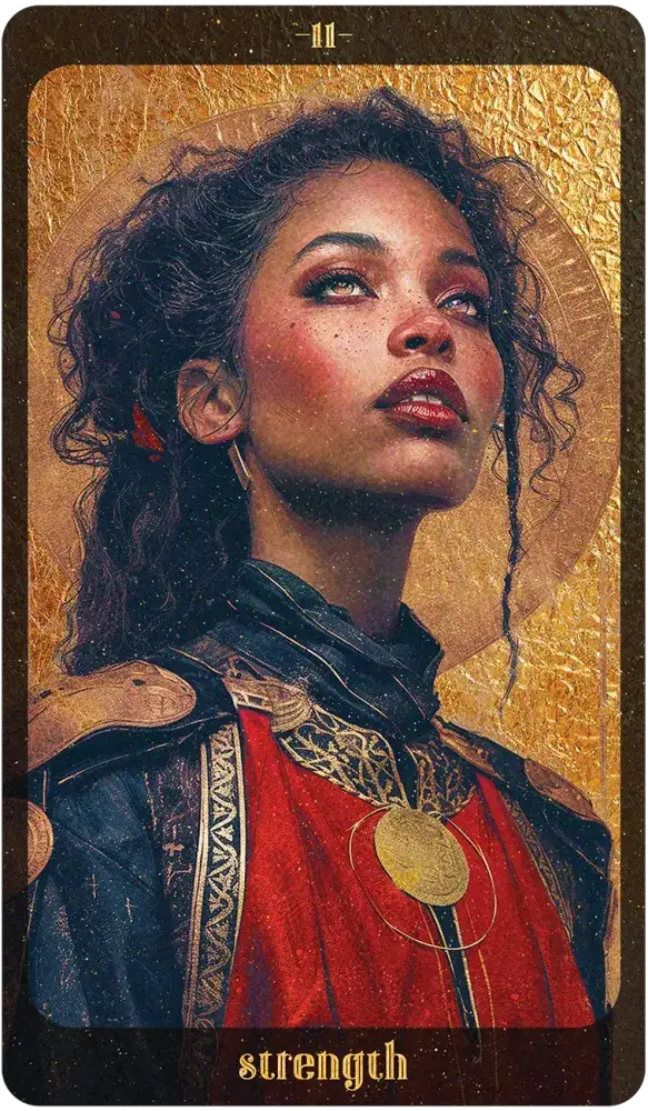Card featuring a woman with warrior attire and 'Strength' text on a gold background