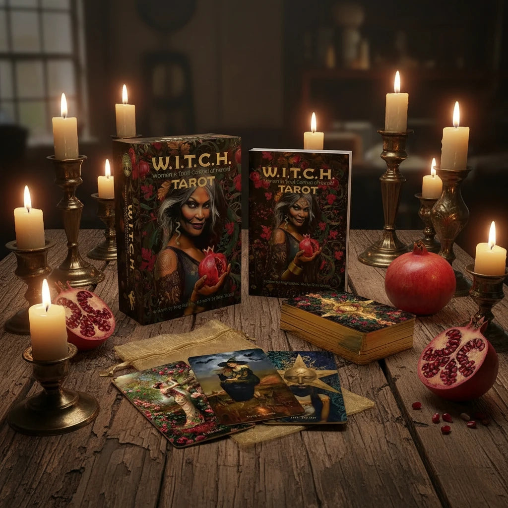 WITCH Tarot card set with tarot cards and packaging sitting on an old wooden table with candles in holders and pomegranates