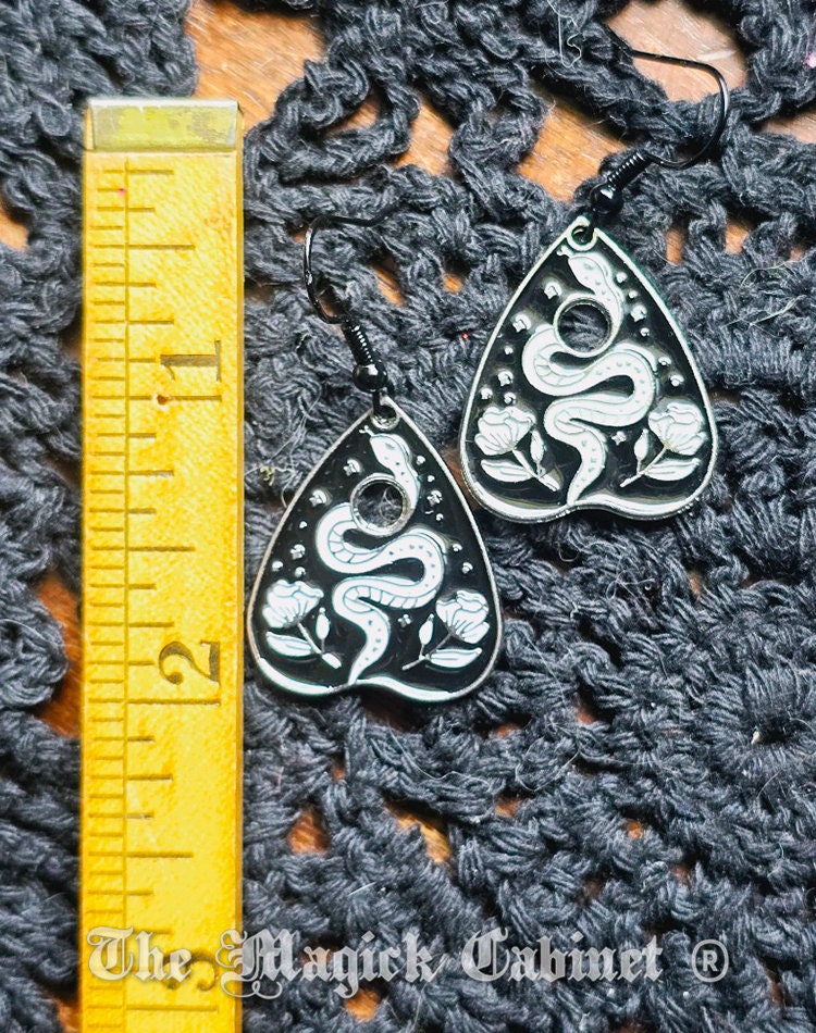 Planchette Snake Earrings: Black & White Enamel Halloween Jewelry
