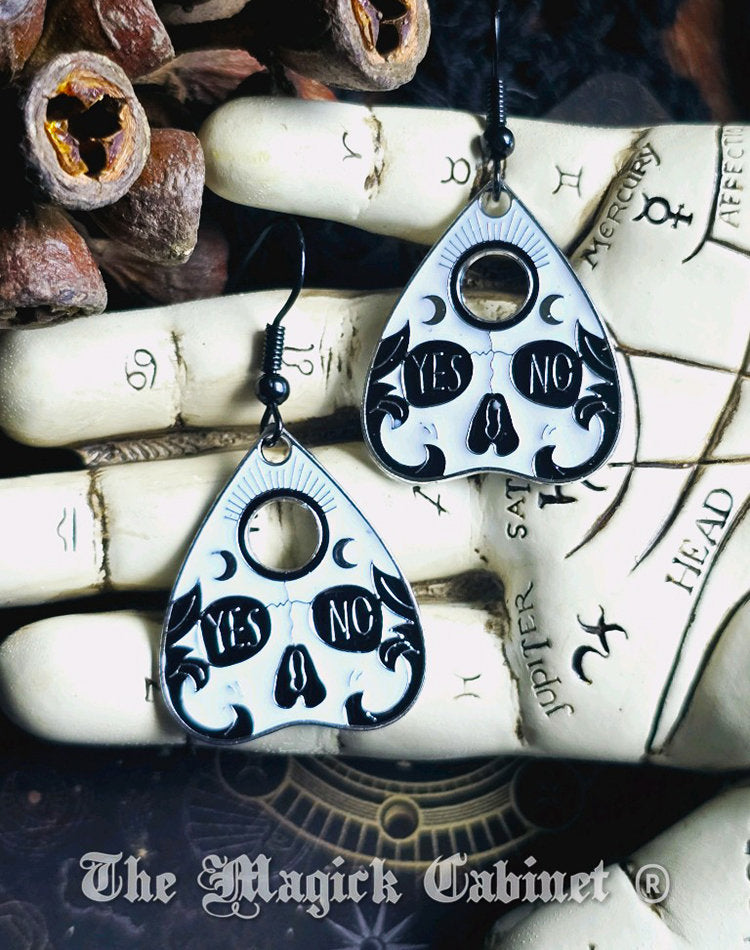 Planchette Skull Earrings: Black & White Enamel Ouija Witch Jewelry