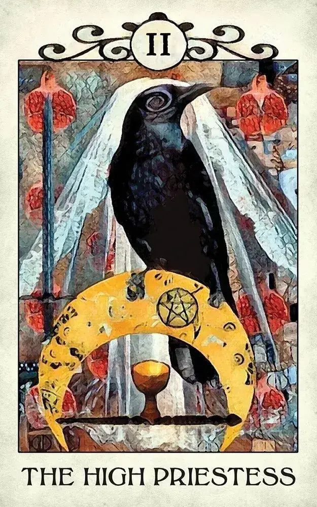 Tarot card featuring a black bird and a yellow crescent moon with a pentacle symbol, titled 'The High Priestess'.