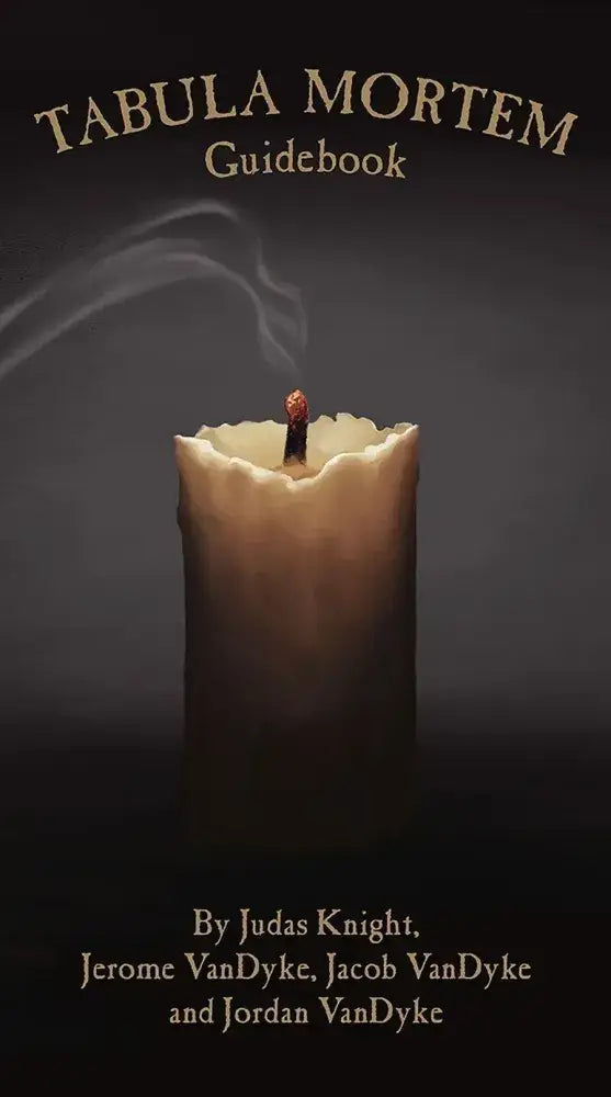 Candle with smoke on a dark background, featuring 'Tabula Mortem Guidebook' text.