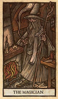 Woodcut-style illustration of 'The Magician' from a tarot card, featuring a grey wizard with a hat and staff.