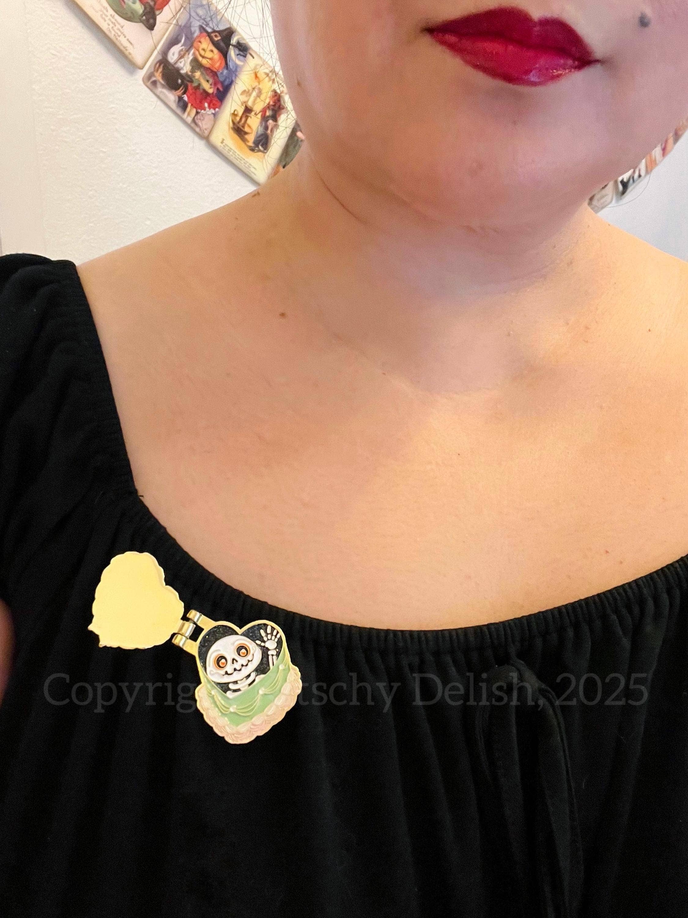 Dead Inside, glittery enamel hinge pin, Opens to reveal a cute Skeleton